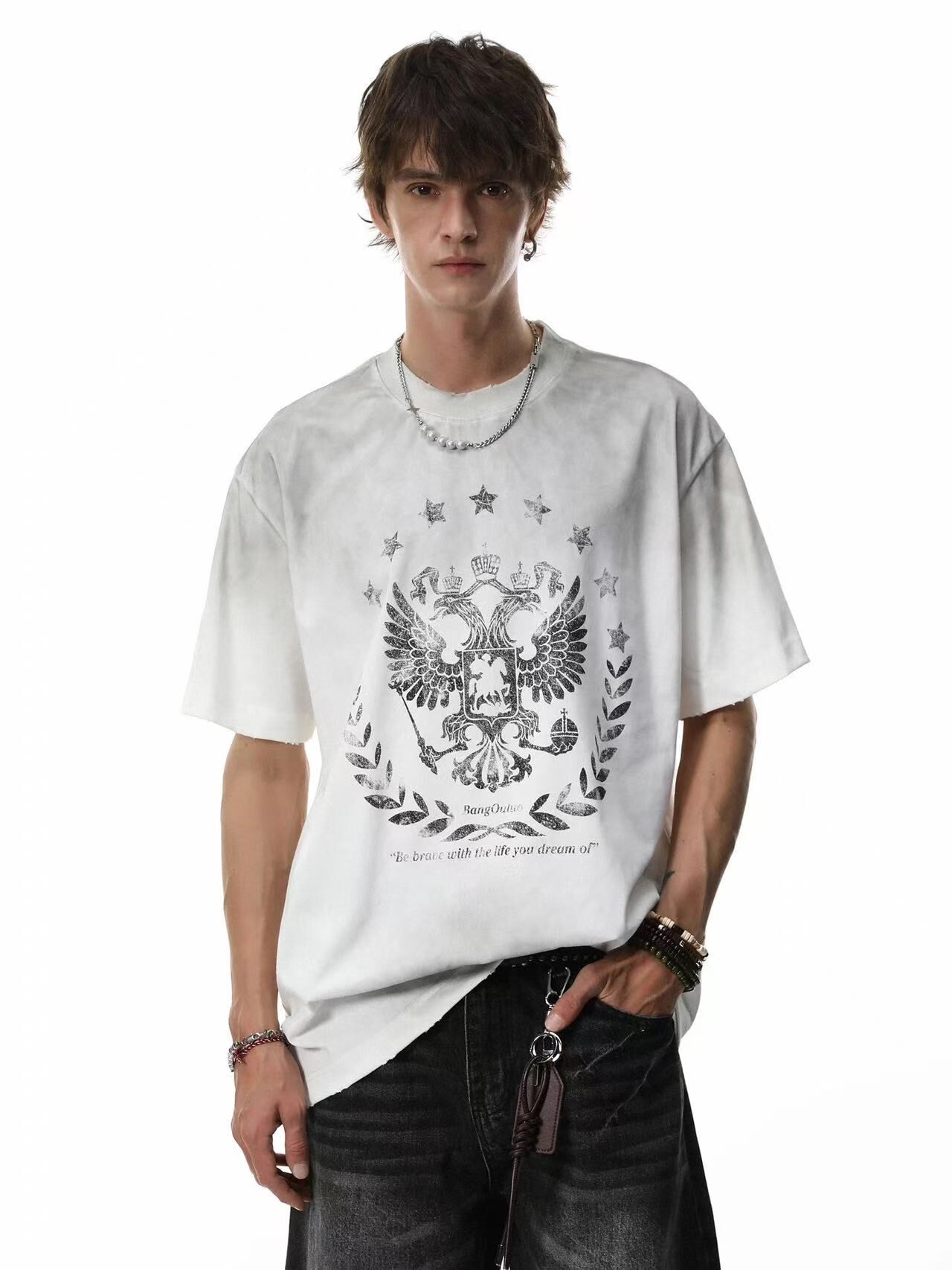 《S.V》雙頭鷹盾徽水洗重磅短T