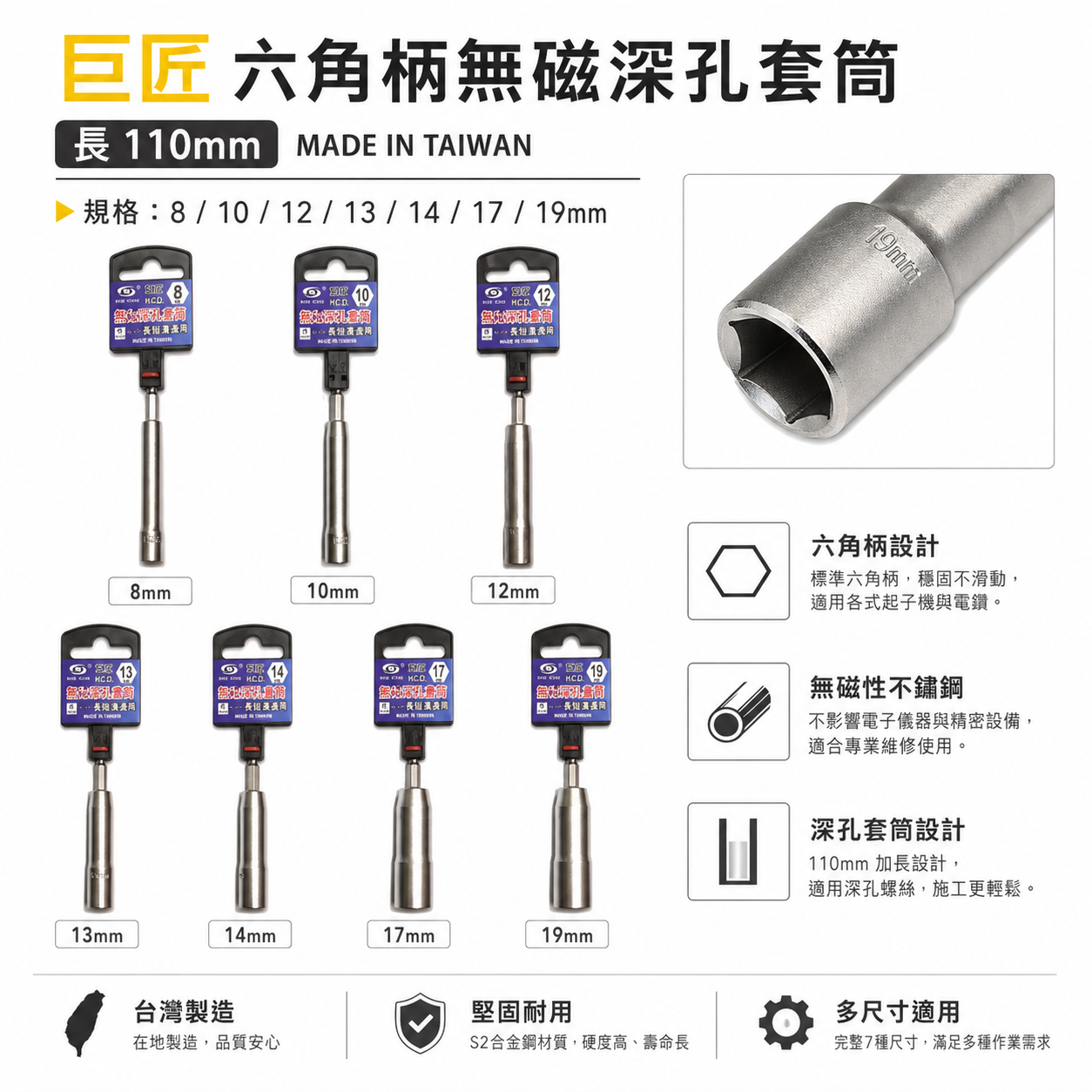 台灣製 巨匠｜8-21mm 六角柄深孔套筒 六角軸 深孔型無磁六角套筒｜長110mm 孔深 65mm｜PRO