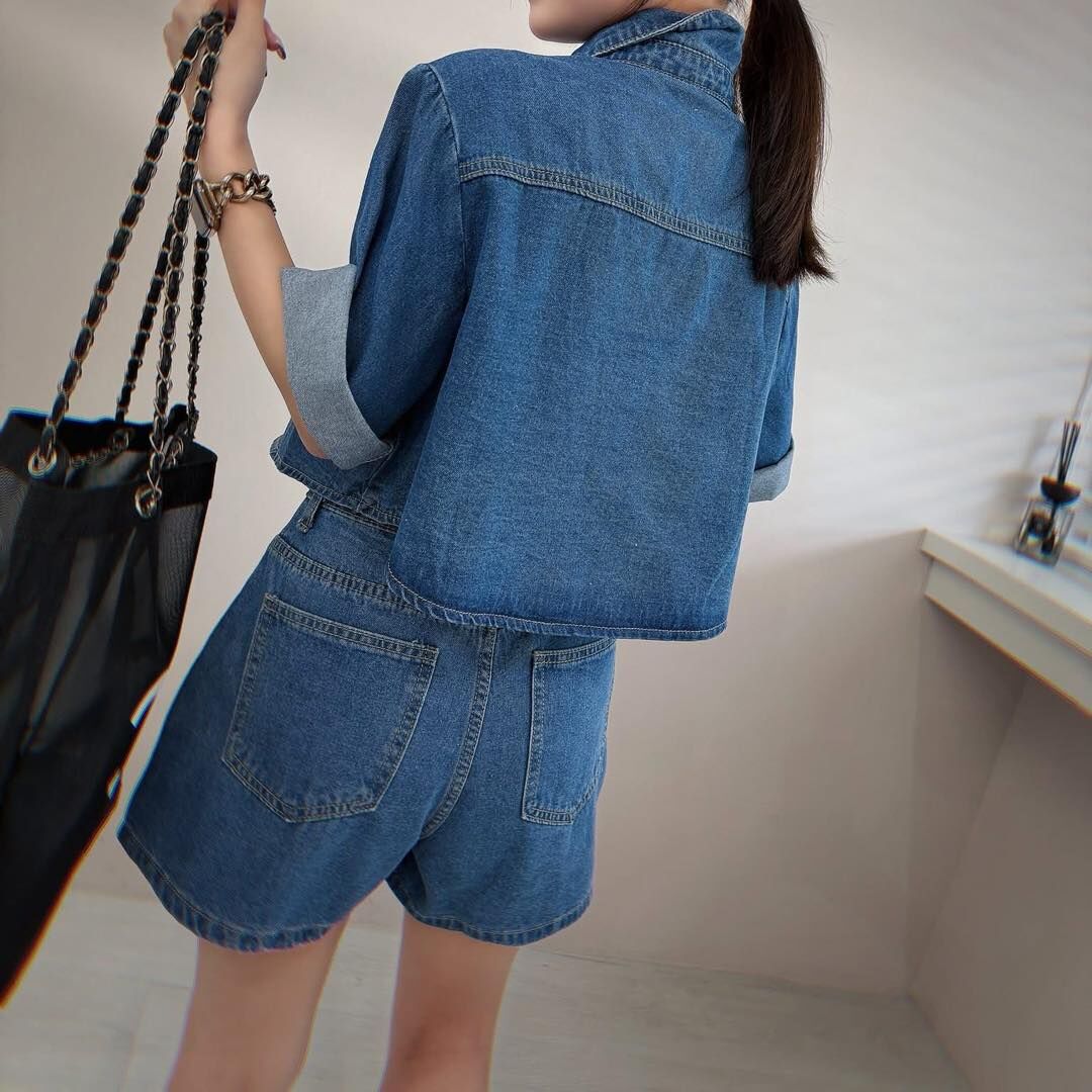 【質感百搭的牛仔棉襯衫+短褲套裝組】（現貨）