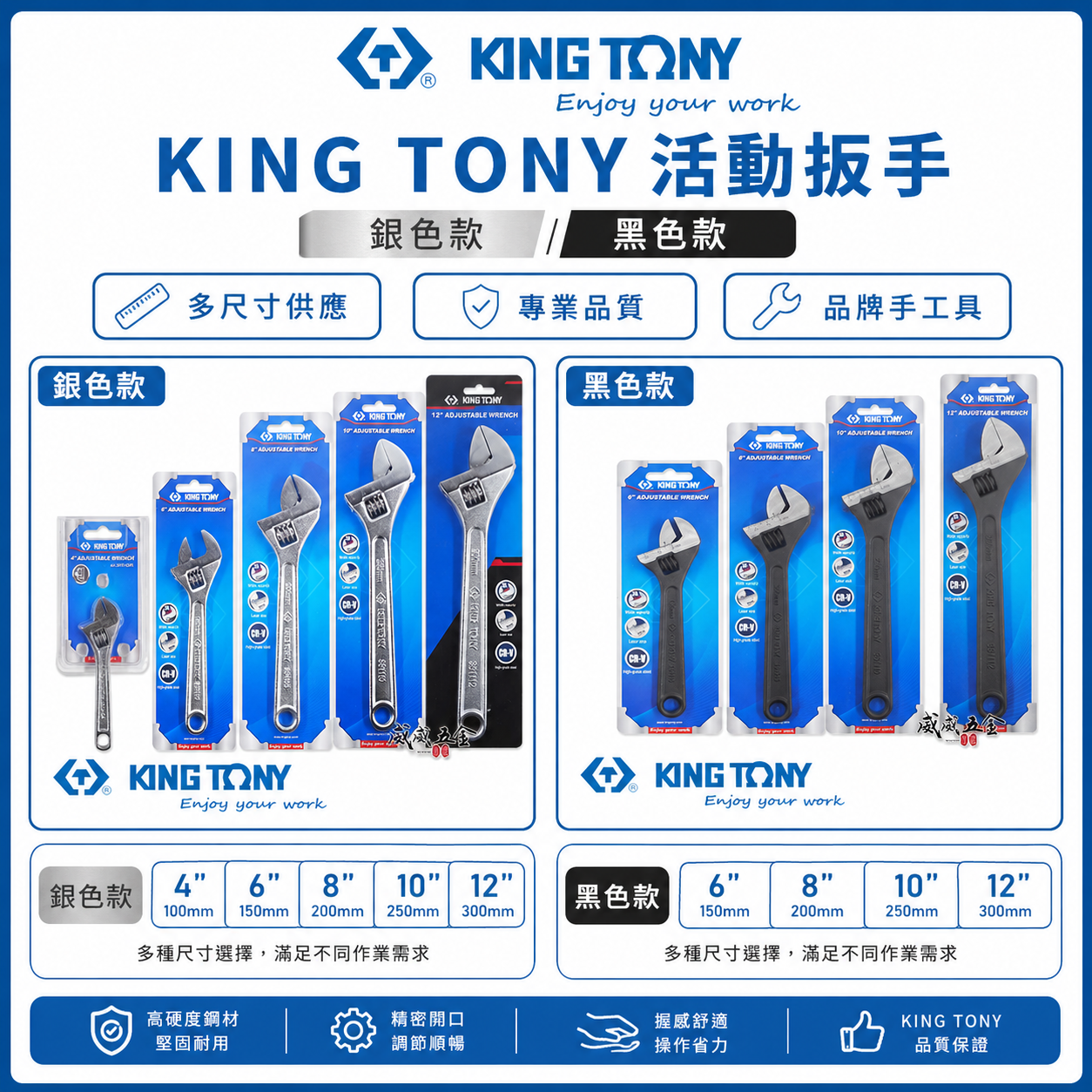 台灣製 KING TONY 金統立｜黑色 / 銀色日式活動板手 大開口活動扳手｜3611｜零售 6吋-12吋｜