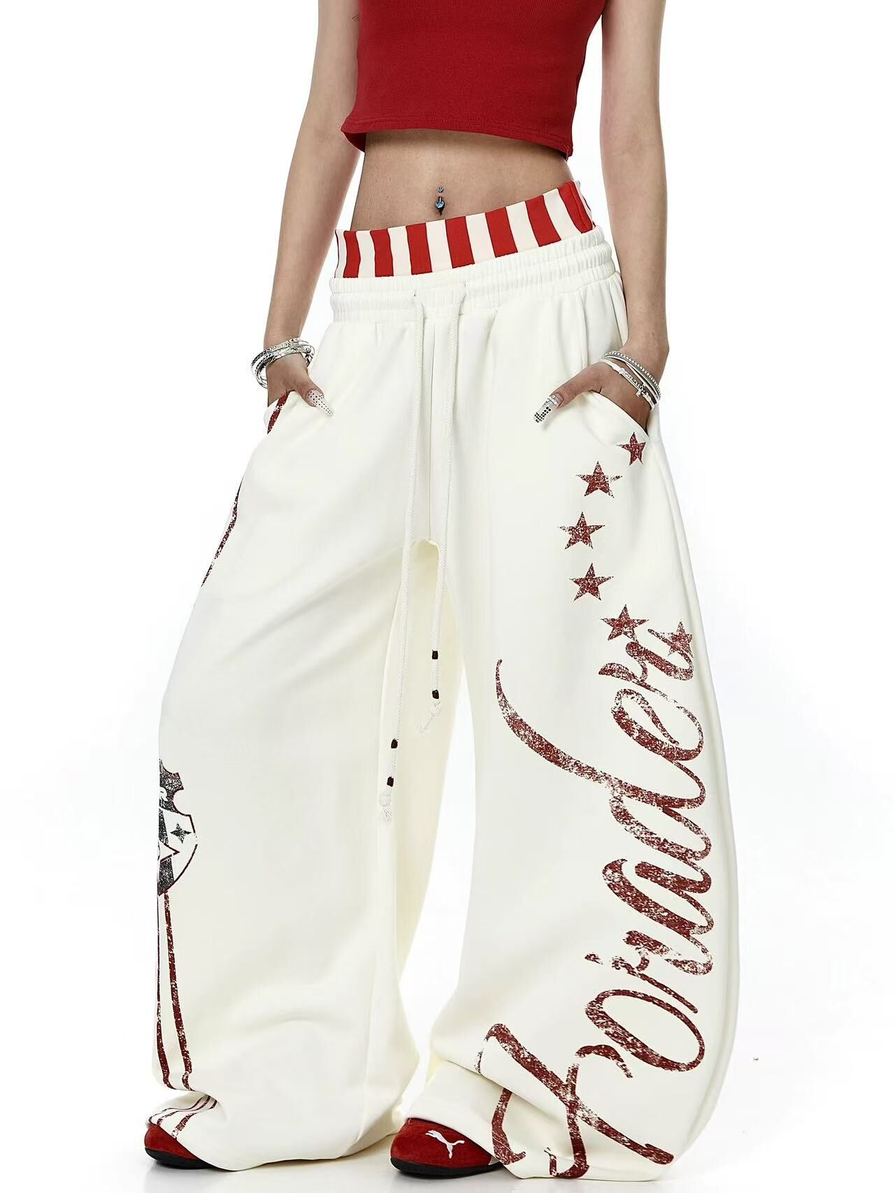 《S.V》盾徽圖騰側邊條紋抽繩棉褲