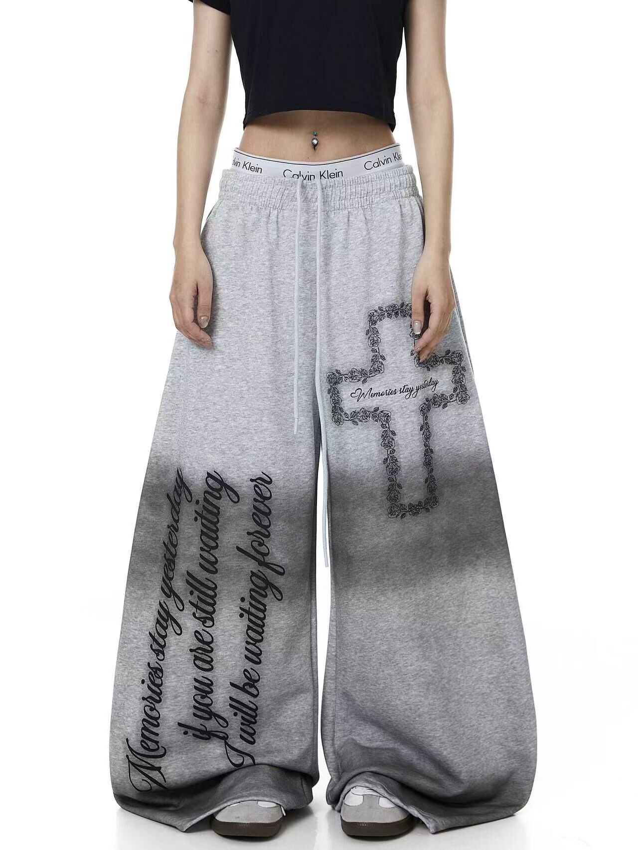 《S.V》詩文十字架落地寬棉褲