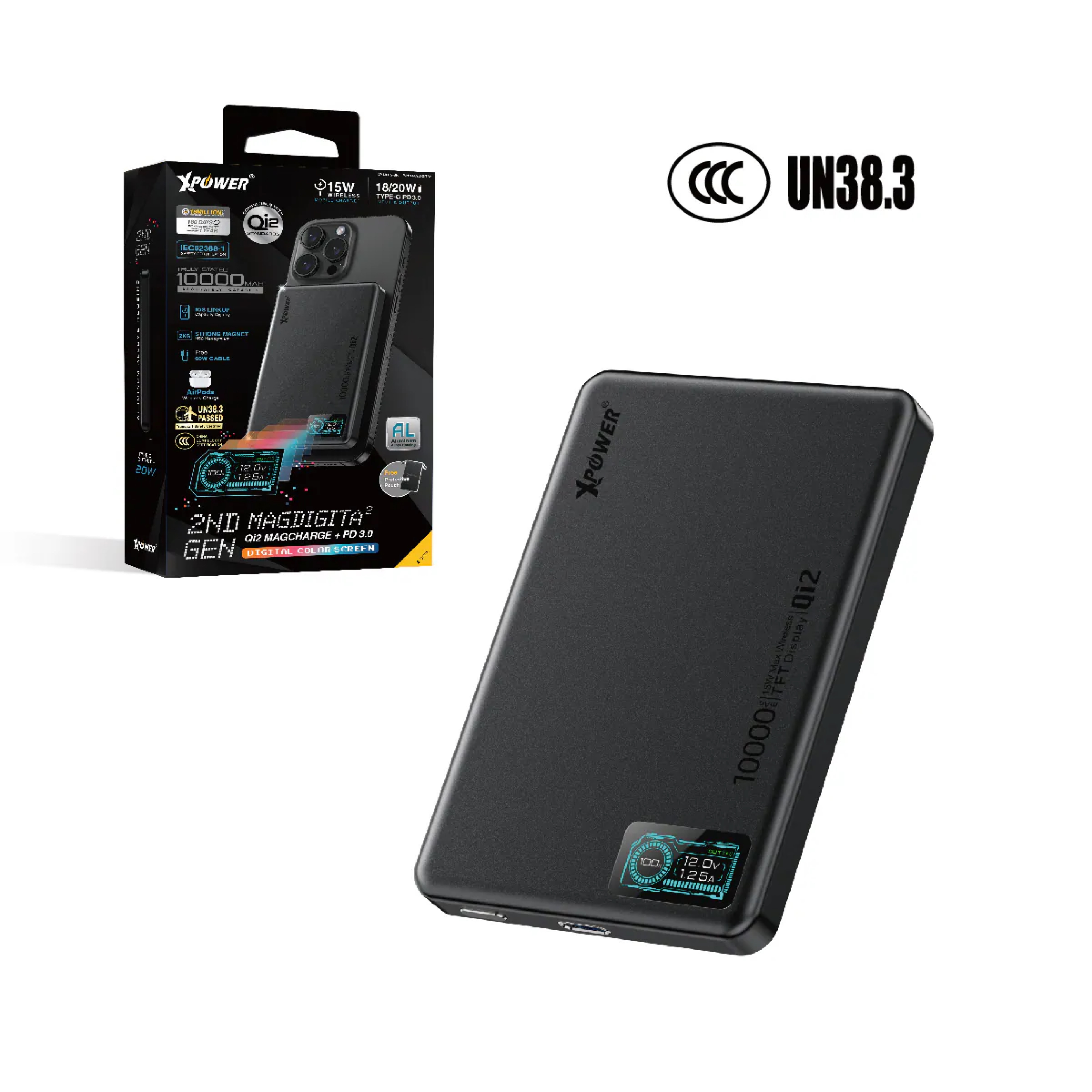 XPower MagDigita² 第2代 10000mAh PD3.0+QI2 彩屏顯示磁吸移動電源 (CCC 認證可追溯二維碼)