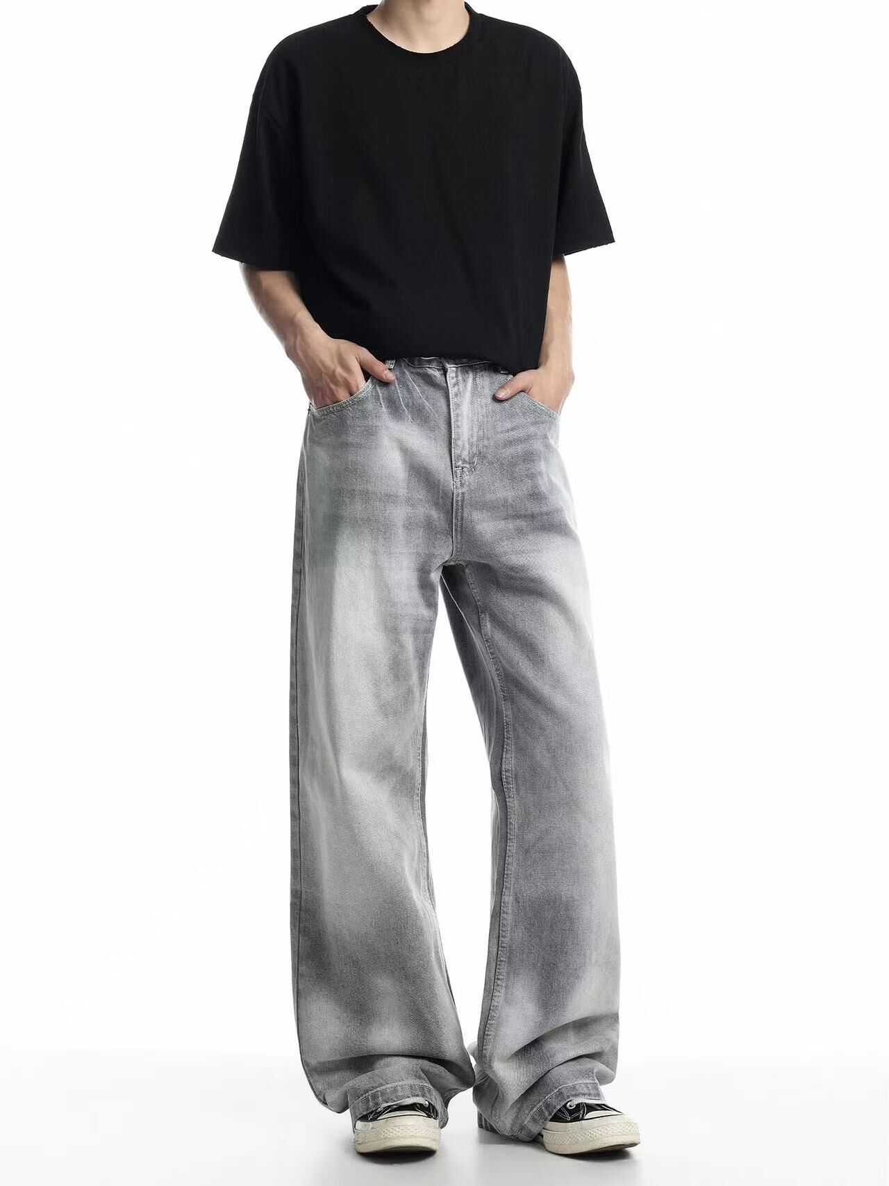 《S.V》灰白雪地牛仔直筒褲