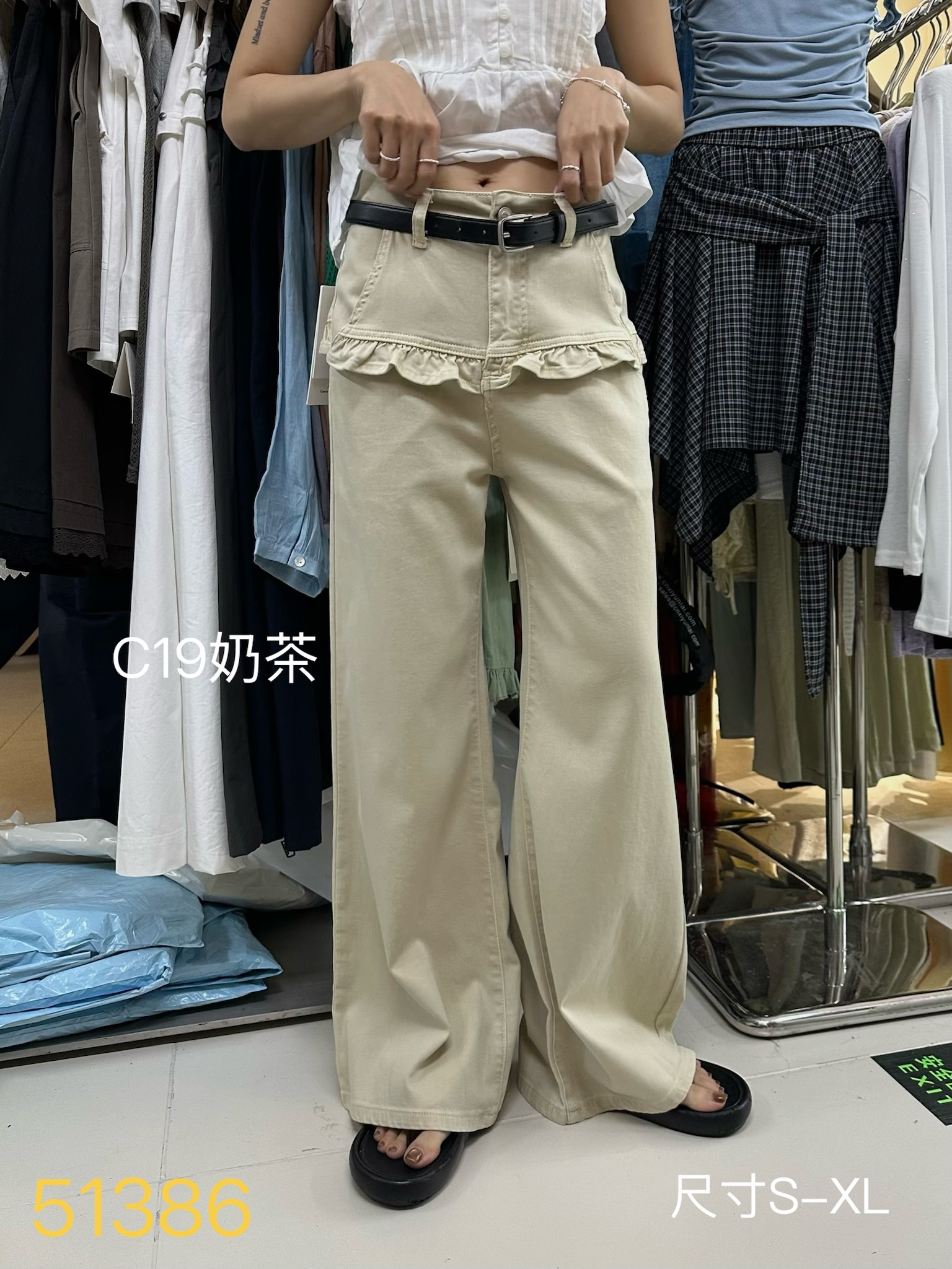 𝗔𝗽𝗿.𝟮𝟴/C19-美臀花邊附皮帶直筒褲(兩色)-S-XL