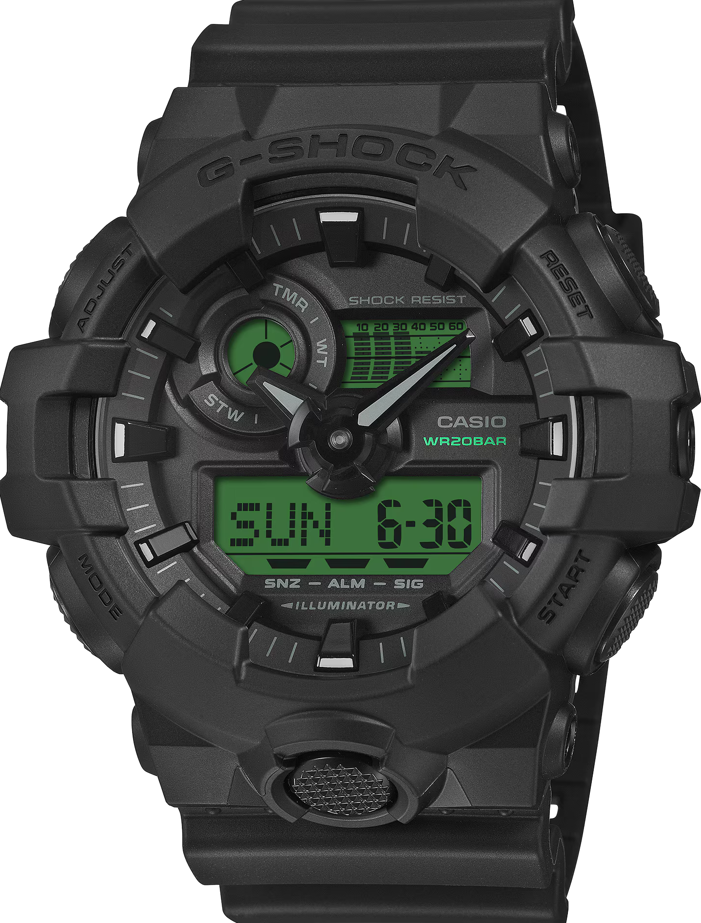 萬年鐘錶 - G-SHOCK  酷黑電光綠防震雙顯電子錶 GA-700BEG-1A 錶徑 : 53.4mm