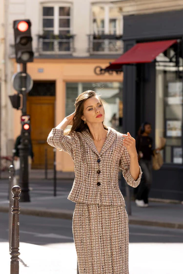 1GL0426-198 [GAALA] Margaux Cotton Tweed Two Piece (Long Skirt) Brown Plaid (EU)