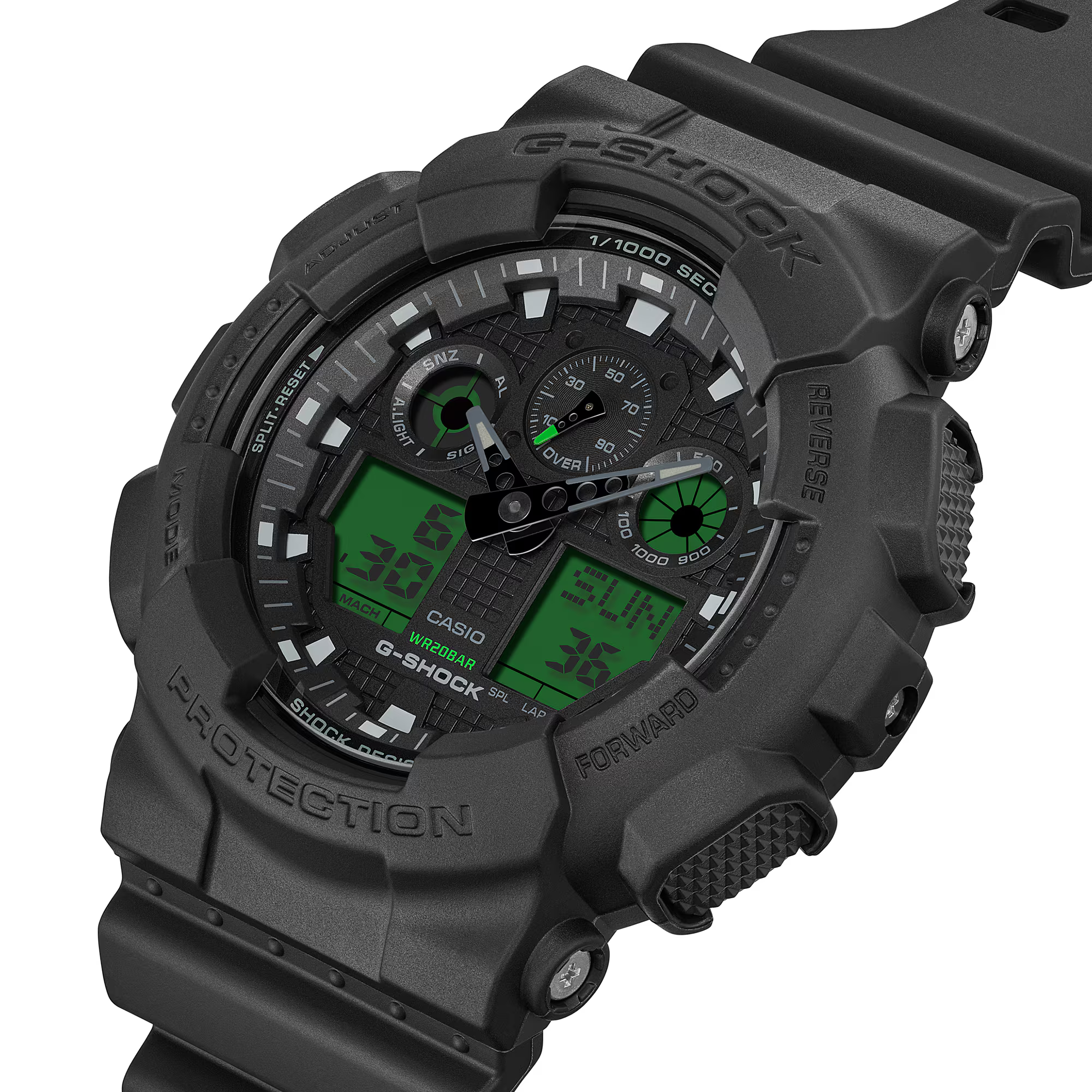 萬年鐘錶 - G-SHOCK  酷黑電光綠配色率性運動電子錶 GA-100BEG-1A 錶徑 : 51.2 mm