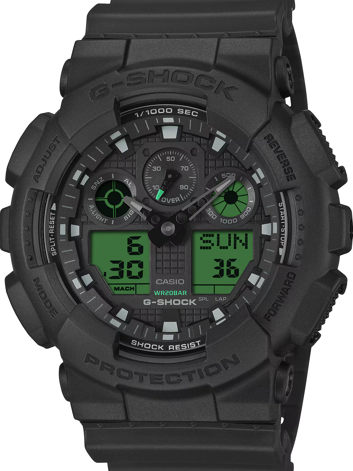 萬年鐘錶 - G-SHOCK  酷黑電光綠配色率性運動電子錶 GA-100BEG-1A 錶徑 : 51.2 mm