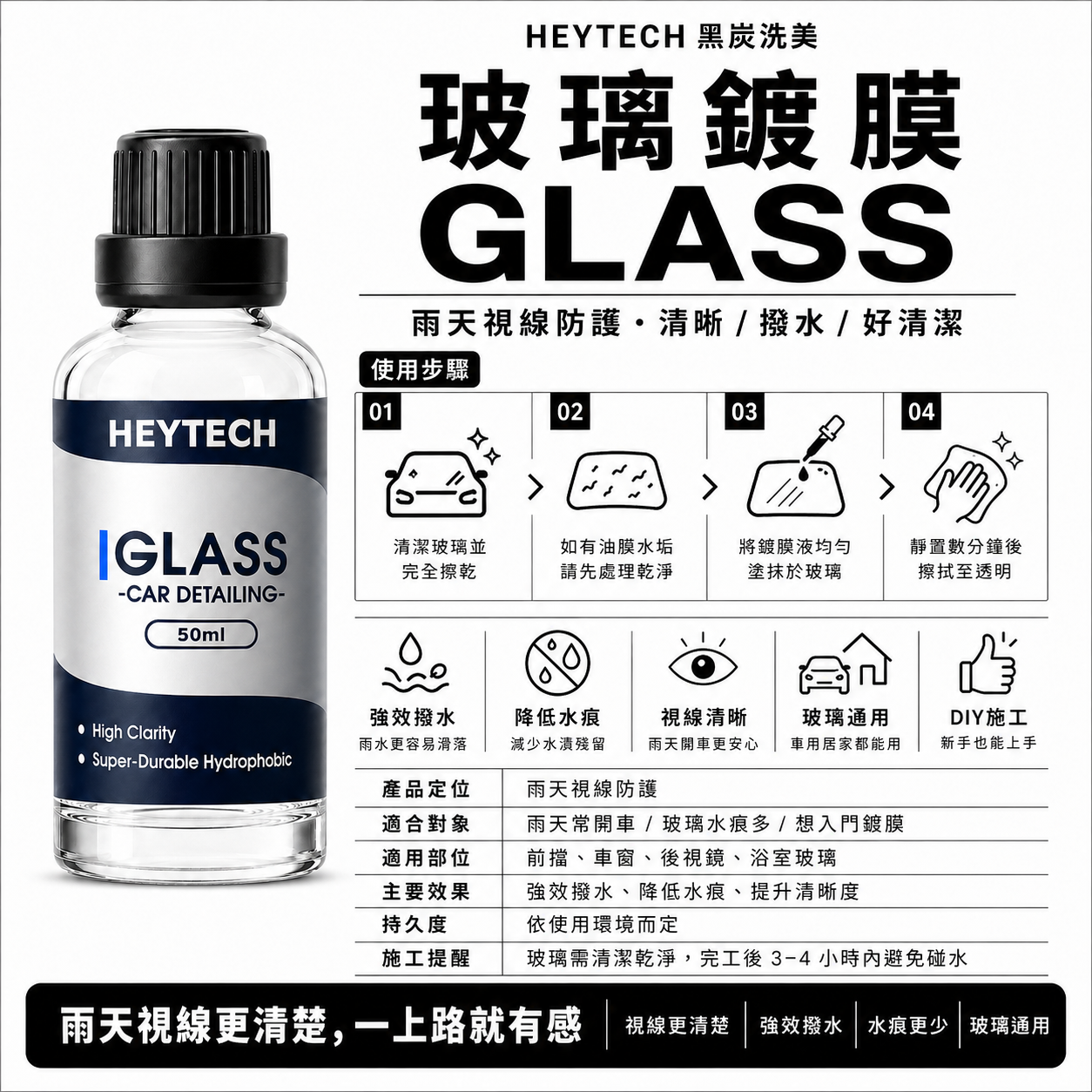 黑炭洗美 玻璃鍍膜 50ML｜強效撥水防雨提升雨天行車清晰安全視線｜玻璃防護抗污長效鍍膜施工適用｜HEYTECH