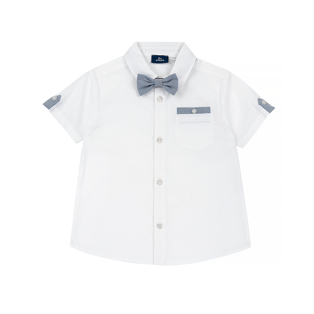 經典學院-附領結白色短袖襯衫