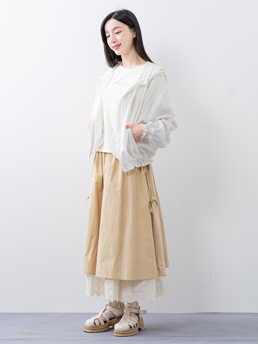 條紋棉麻外套涼感棉上衣側綁帶層次長裙組合