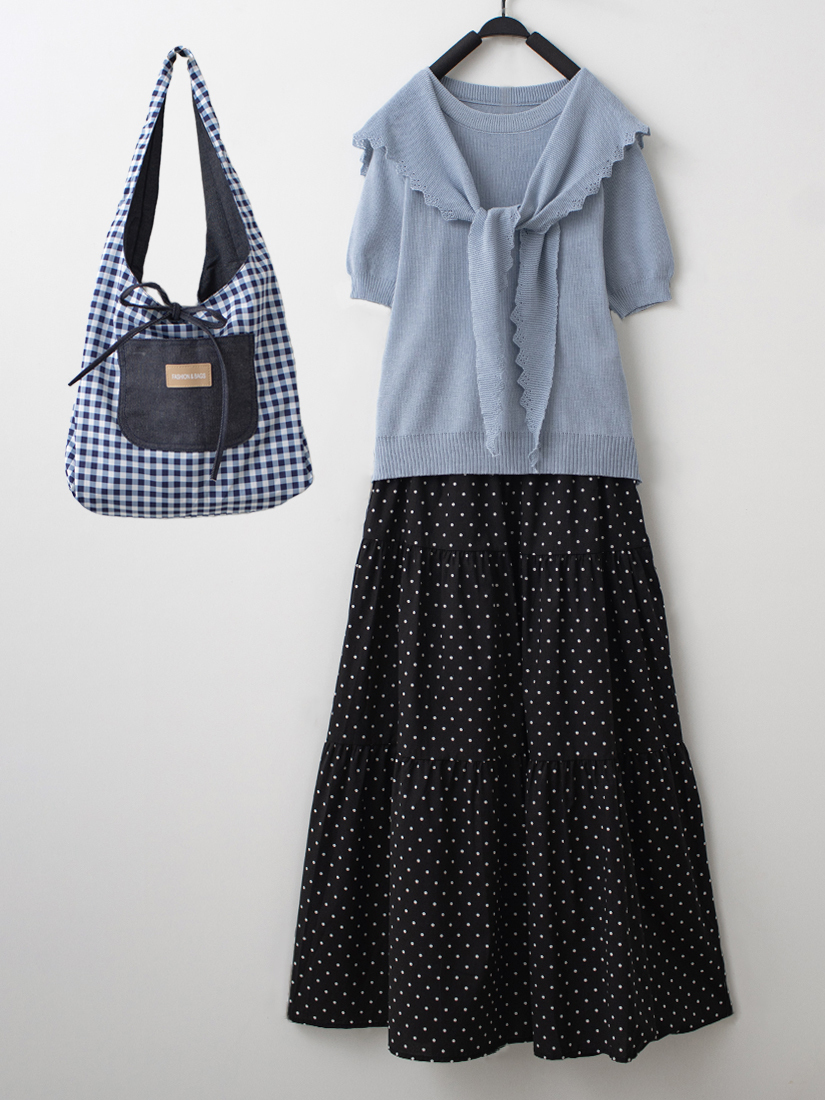 兩件式針織上衣點點印花層次蛋糕棉裙組合