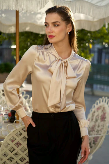 1GL0426-153 [GAALA] Lena Silk Bow Blouse Beige (EU)