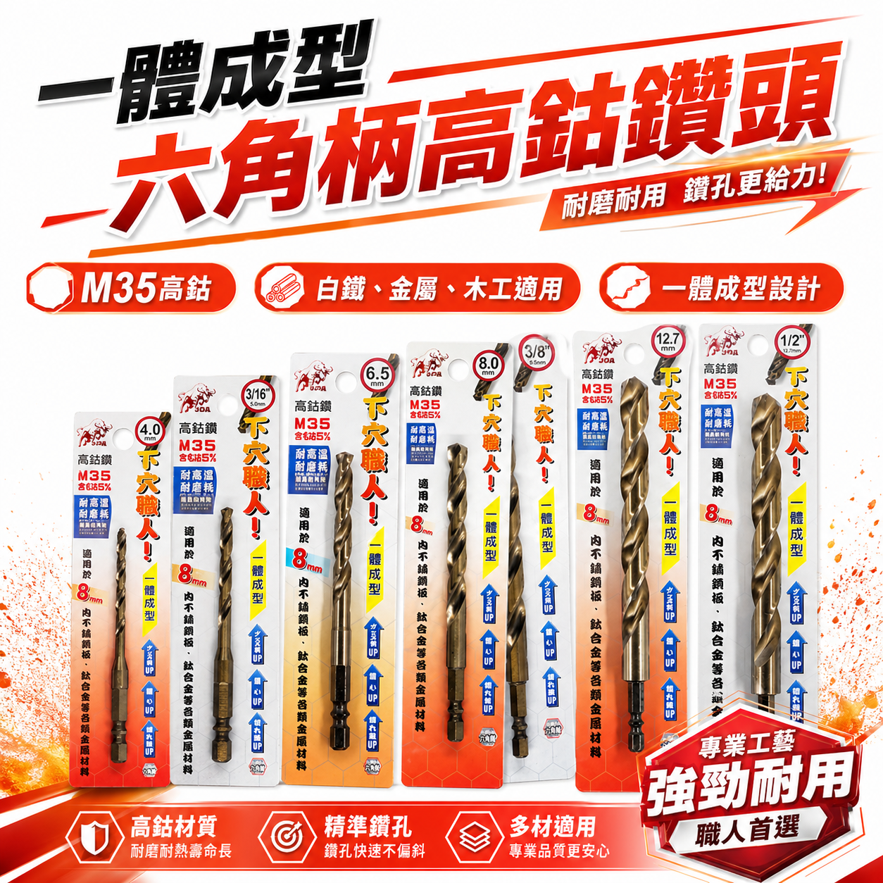 台灣製 鬥牛 M35｜耐鑽型 2-12.7mm｜一體成型六角柄高鈷白鐵鑽頭｜六角軸不鏽鋼用高鈷鑽尾 不鏽鋼用