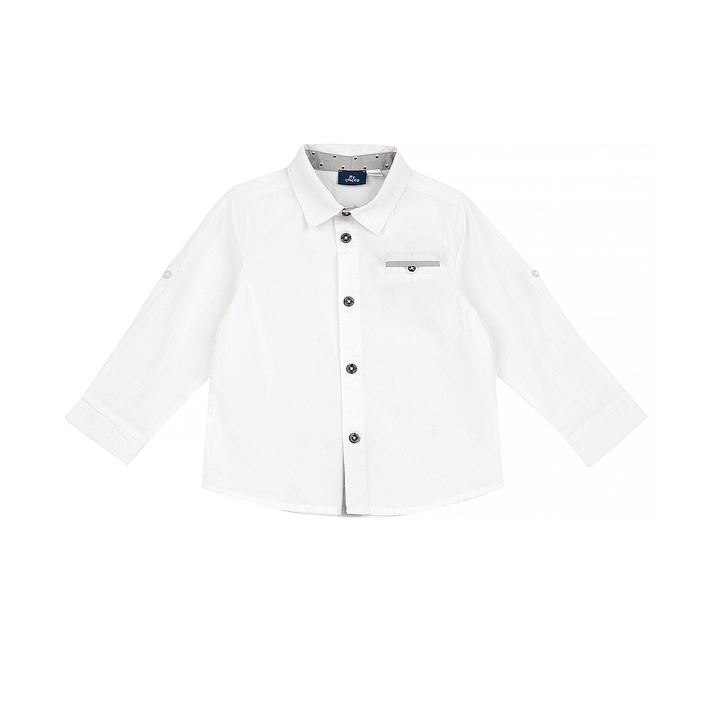 經典學院-白色袖可折長袖襯衫