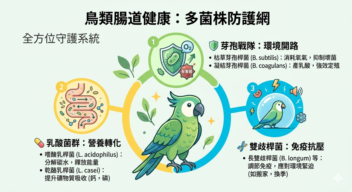 WeWant鳥類益生菌-多菌株協同防禦示意圖：枯草芽孢菌、凝結芽孢菌、乳酸菌群、雙歧桿菌的綜合效能