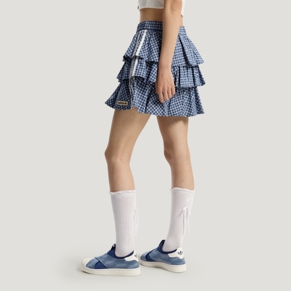 Adidas 愛迪達 Plaid Skirt KU9398 女 運動短裙 荷葉裙 蛋糕裙 格紋 藍白 亞版