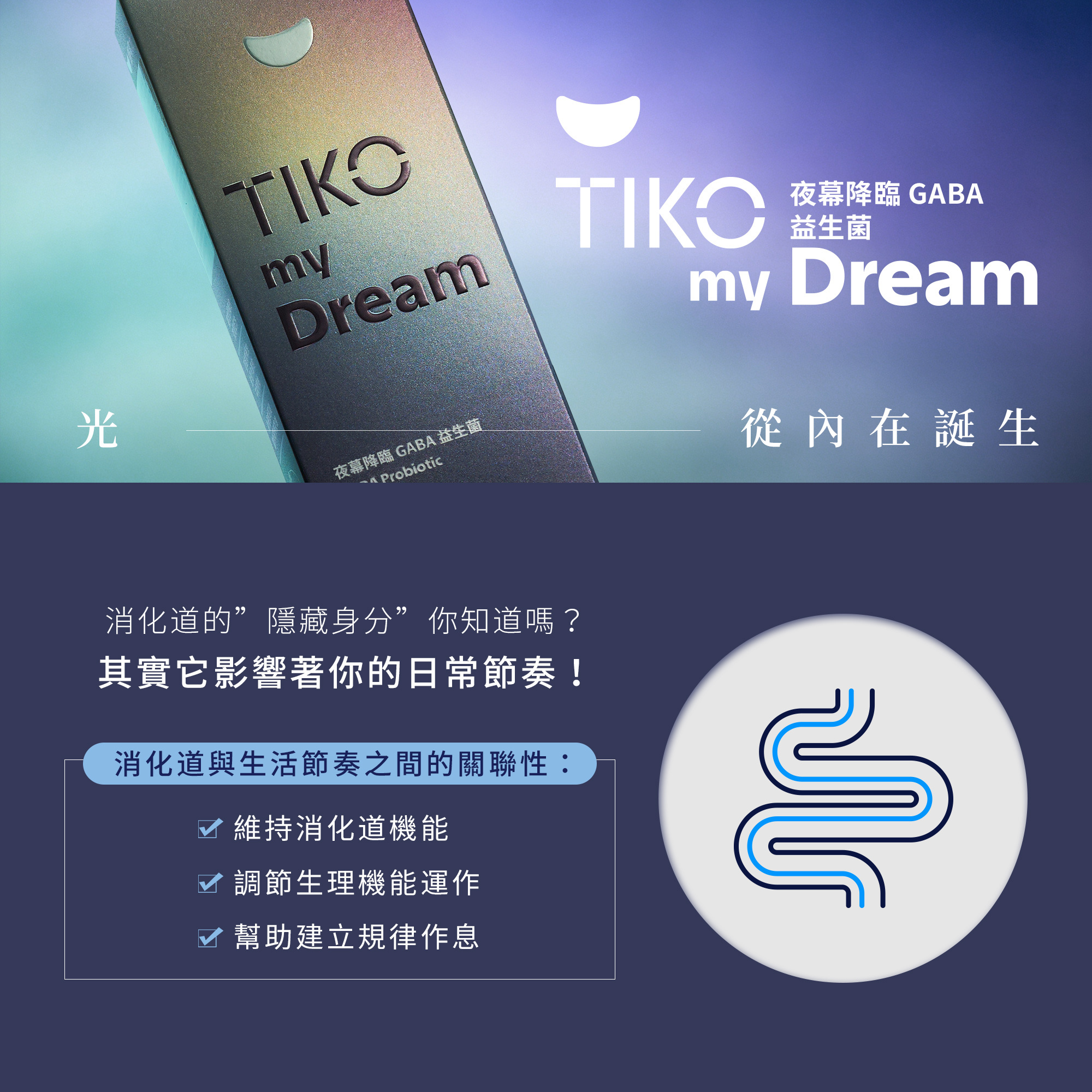 TIKO my Dream夜幕降臨GABA益生菌，讓光從內在誕生。消化道其實影響著您的日常節奏，透過維持消化道機能與調節生理運作，能幫助建立規律作息。從內在基礎出發，為緊湊的生活畫下柔軟句點。