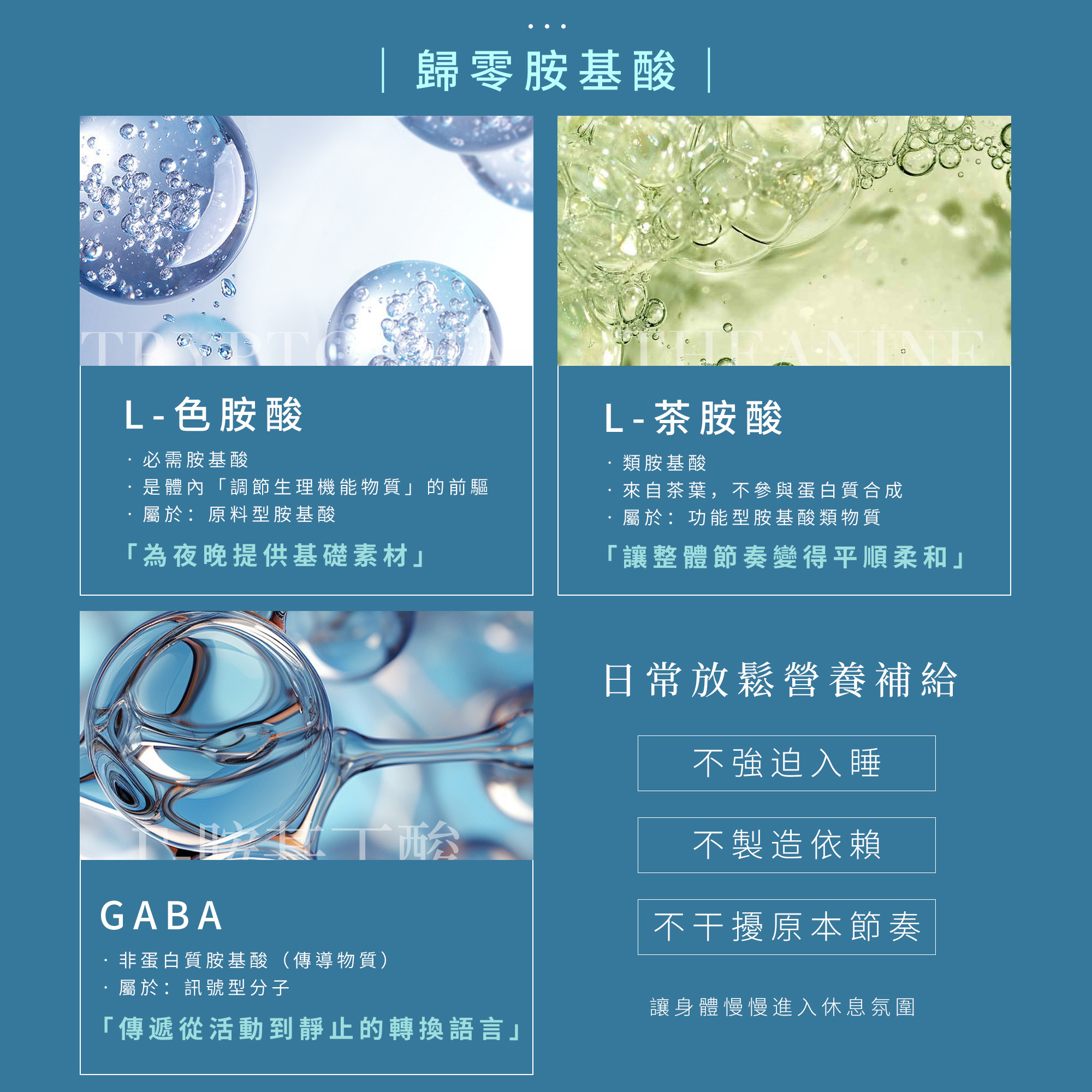 歸零胺基酸配方：L-色胺酸為夜晚提供基礎素材；L-茶胺酸讓整體節奏變得平順柔和；GABA則傳遞從活動到靜止的轉換語言。非藥物性溫和機制，不強迫入睡、不製造依賴、不干擾原本節奏，陪伴身體自然地柔軟降落。