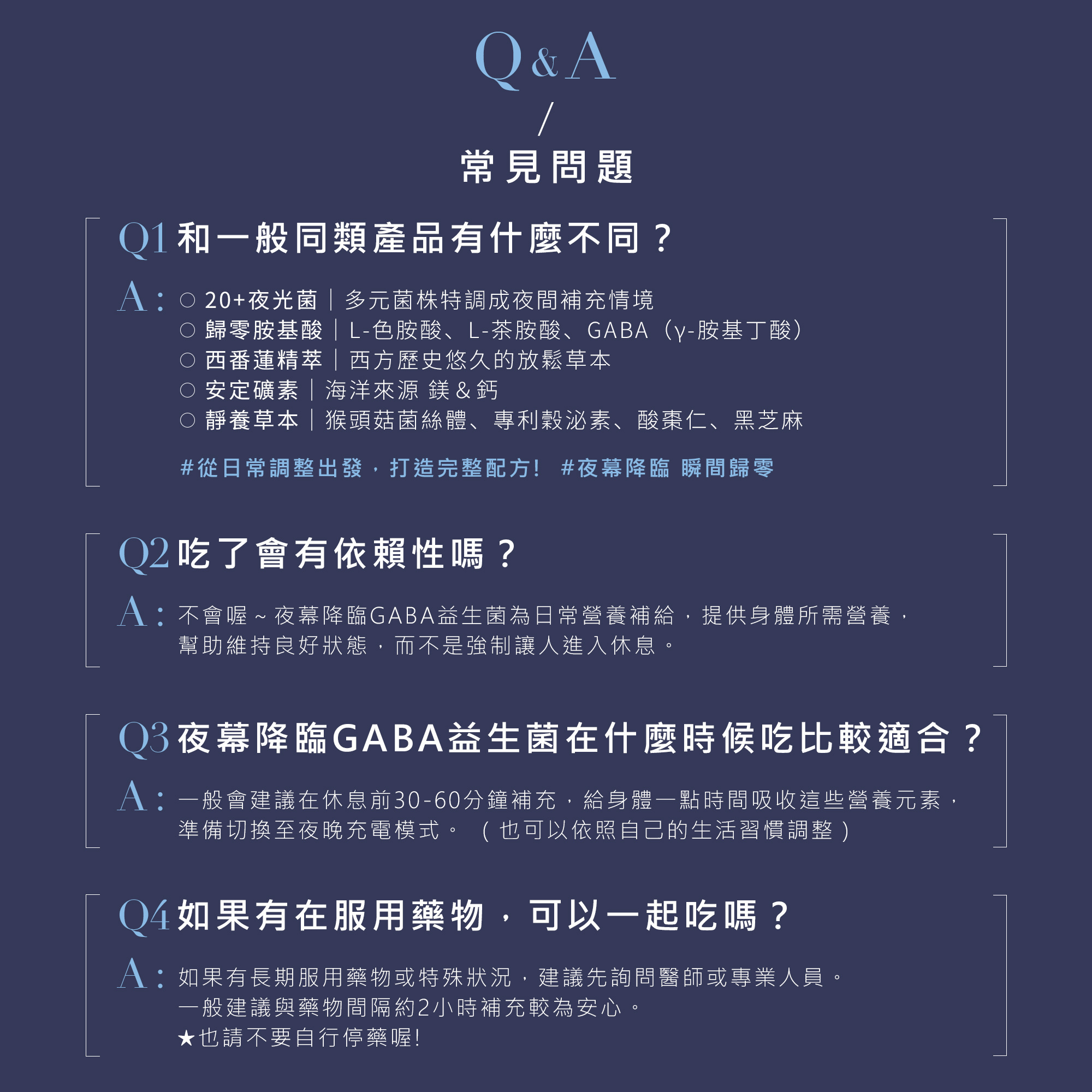 夜幕降臨GABA益生菌Q&A常見問題解答。本產品從日常調整出發，整合20株菌株、歸零胺基酸與安定礦素，不同於強制性產品，無依賴性且不含藥物。建議睡前固定時間補充，與藥物建議間隔2小時以上。提醒消費者保持良好習慣，切勿自行停藥。