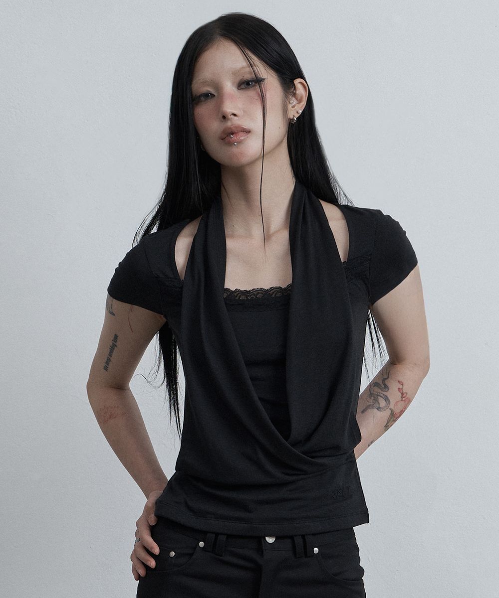 AS YOU ARE 蕾絲垂領上衣 黑色 AS26SMTOP15BK