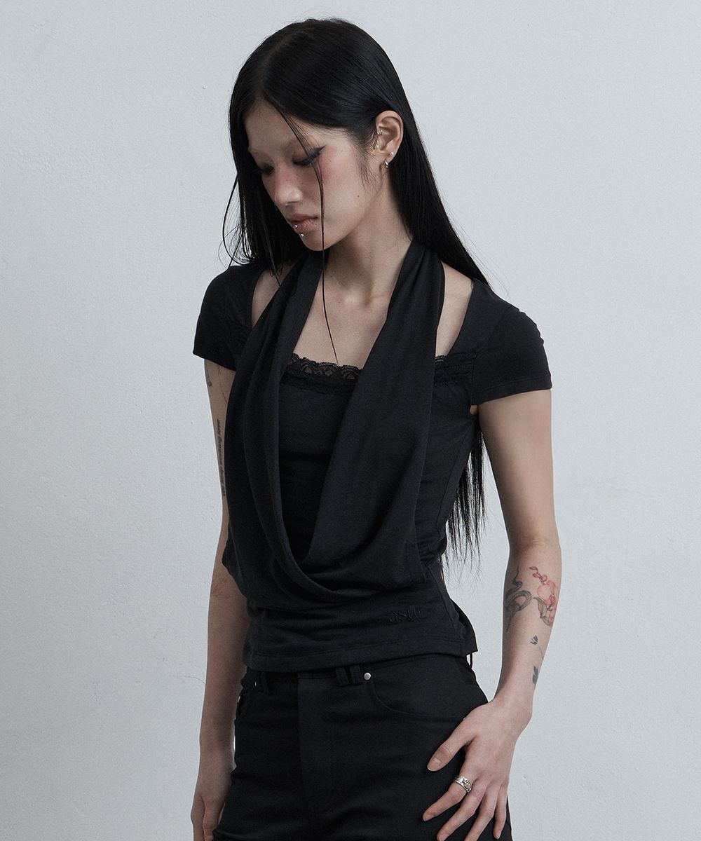 AS YOU ARE 蕾絲垂領上衣 黑色 AS26SMTOP15BK