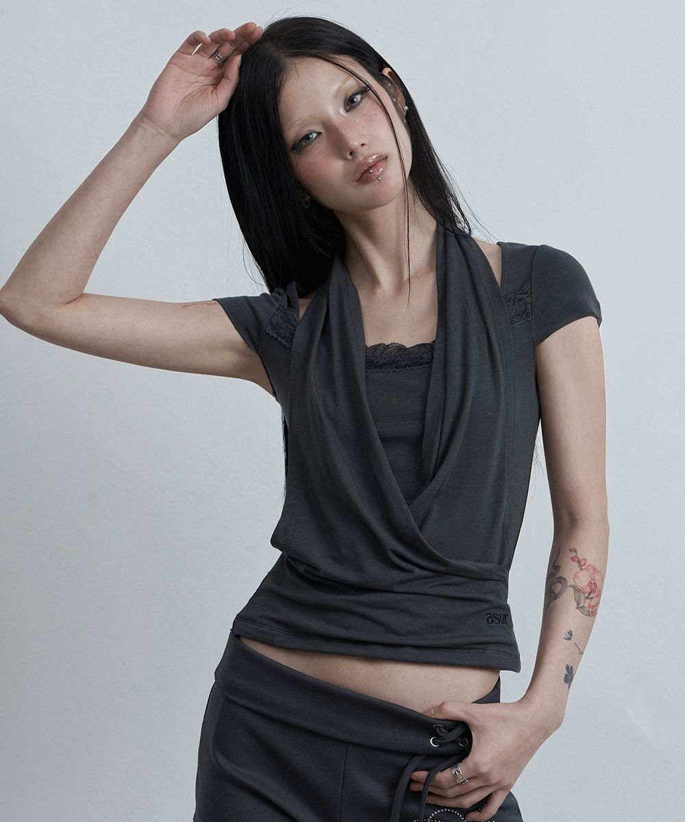 AS YOU ARE 蕾絲垂領上衣 木炭色 AS26SMTOP15CH