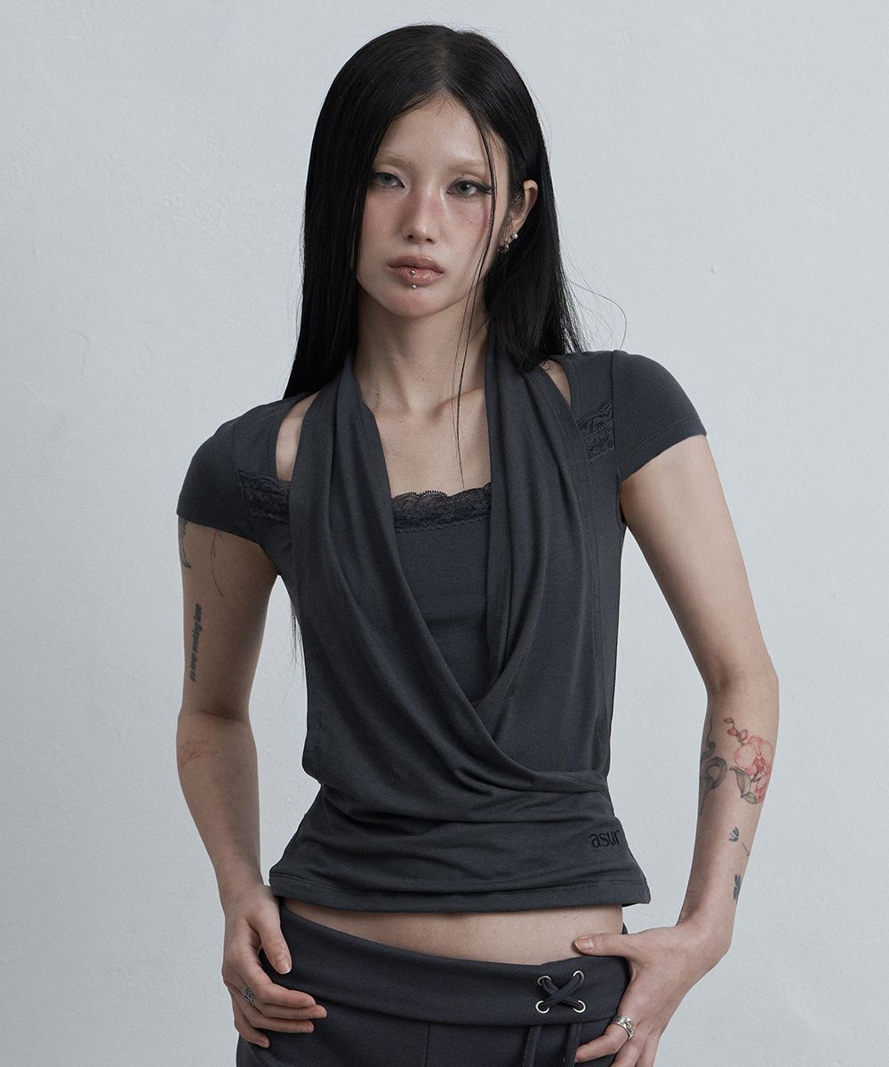 AS YOU ARE 蕾絲垂領上衣 木炭色 AS26SMTOP15CH