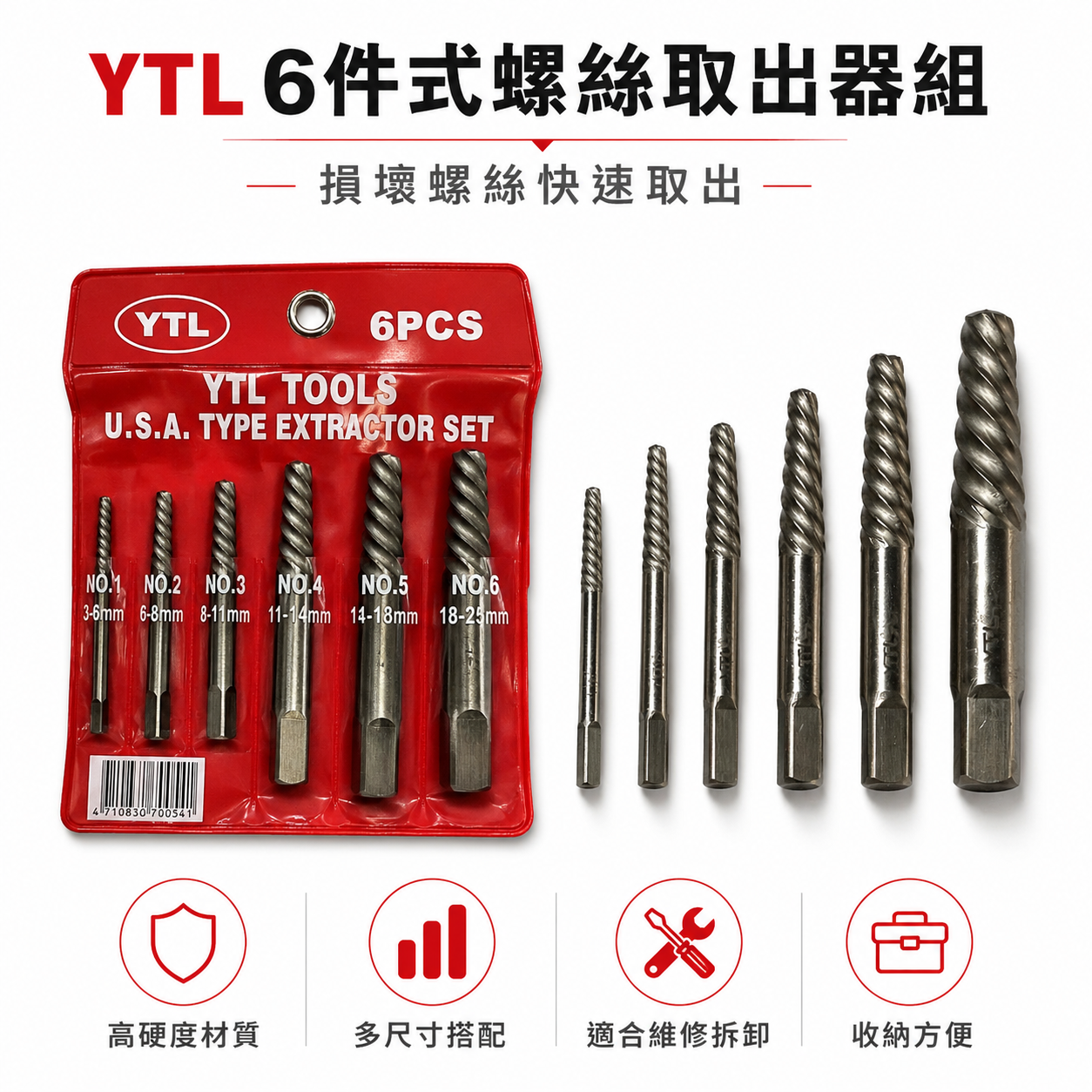 YTL 台灣製｜強力斷牙螺絲取出器 倒牙螺絲攻 倒牙器 螺絲拔取器 反牙絲攻 退牙器6支組｜袋裝版 6PCS