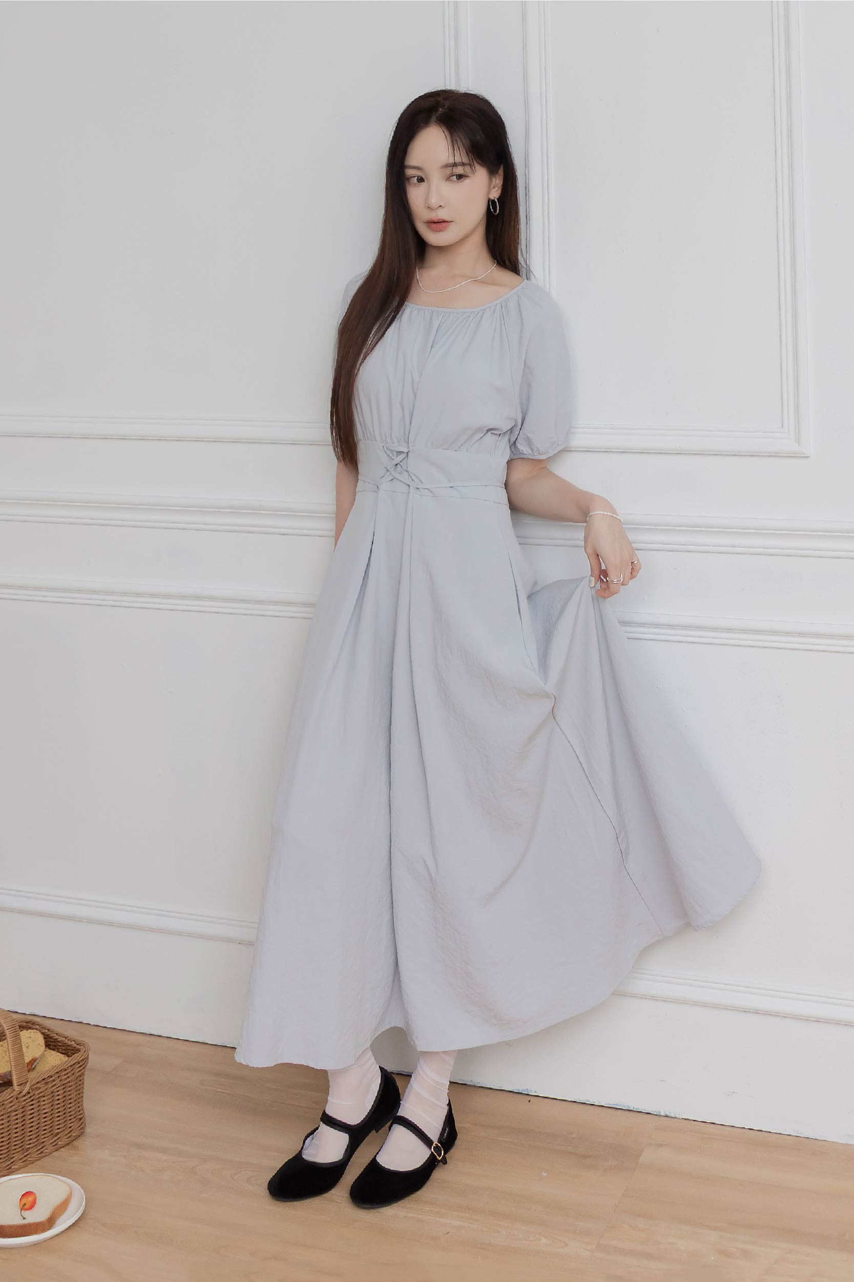 收腰綁帶抓褶洋裝