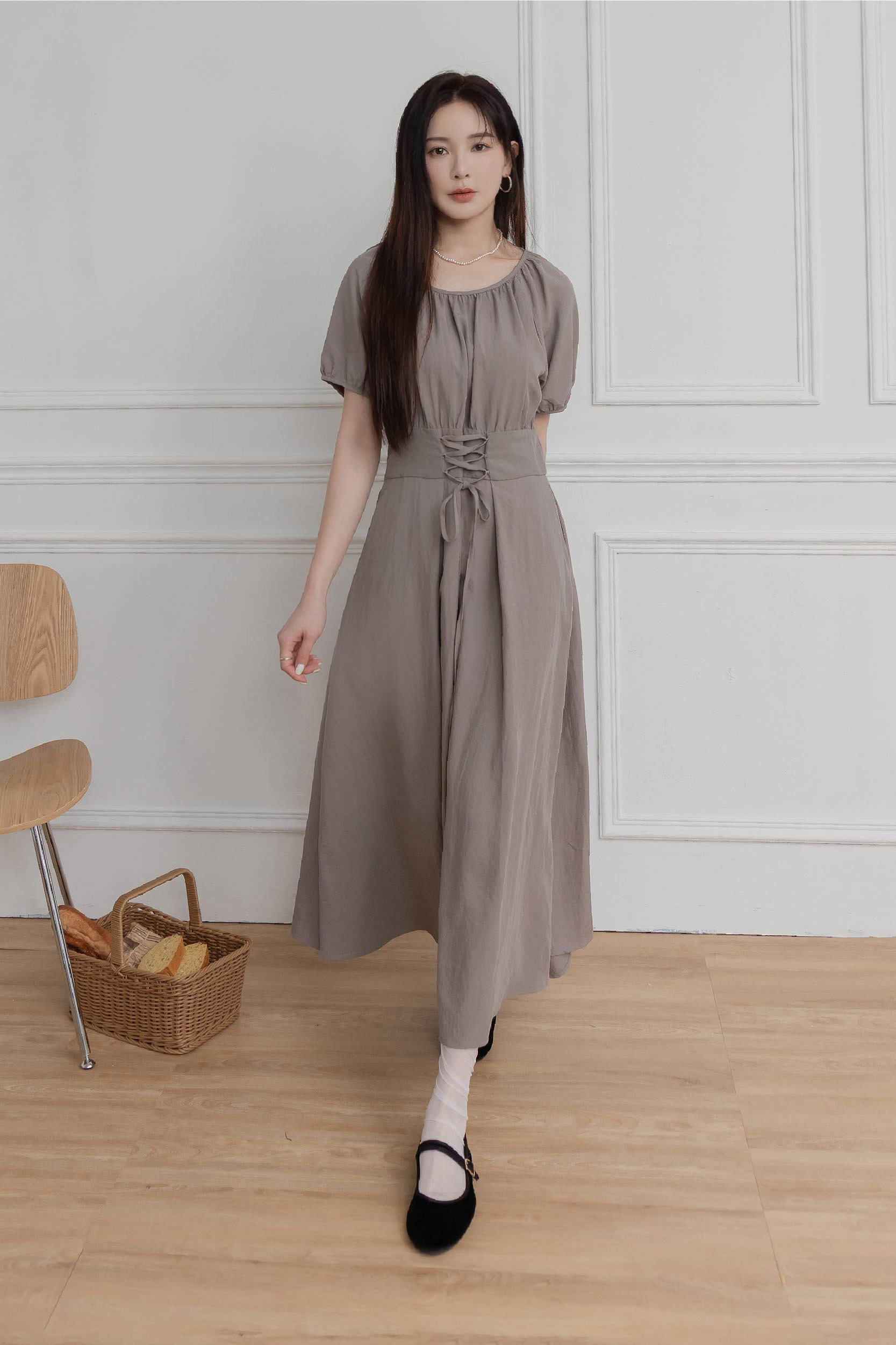收腰綁帶抓褶洋裝