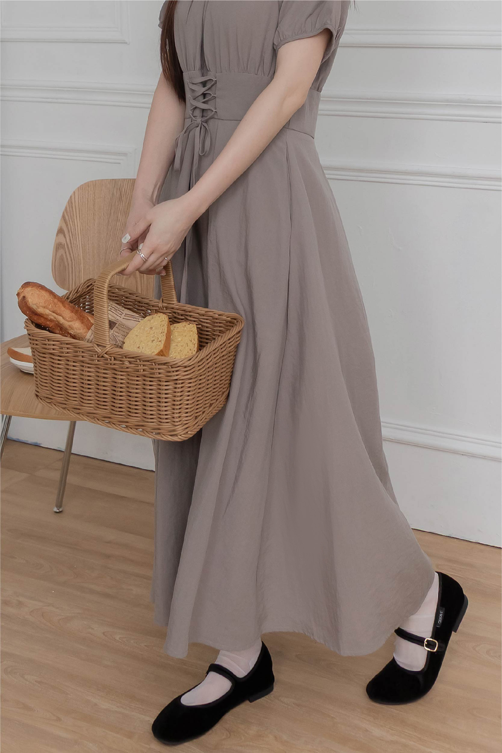 收腰綁帶抓褶洋裝