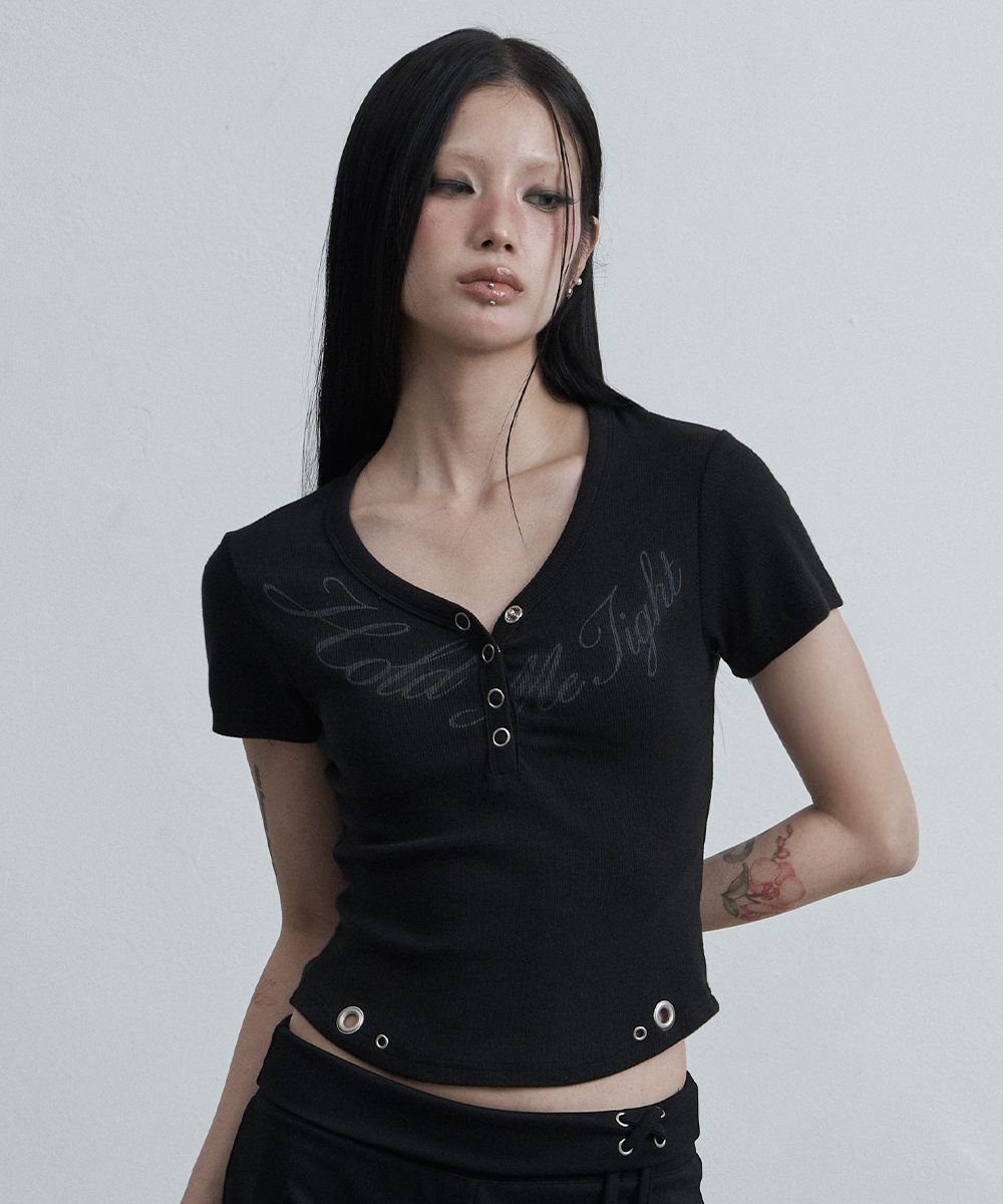 AS YOU ARE 亨利領V領抓皺T恤 黑色 AS26SMTOP02BK