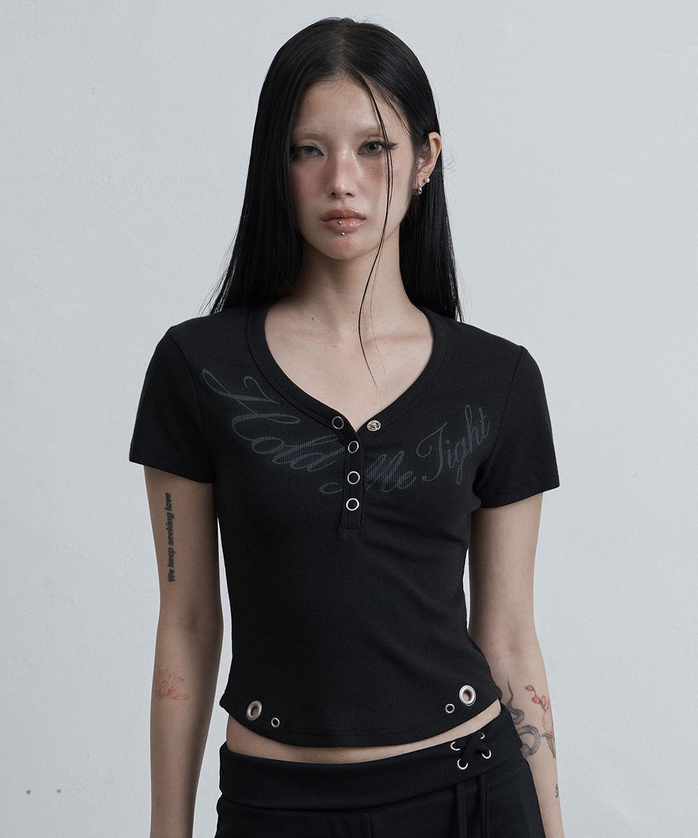 AS YOU ARE 亨利領V領抓皺T恤 黑色 AS26SMTOP02BK