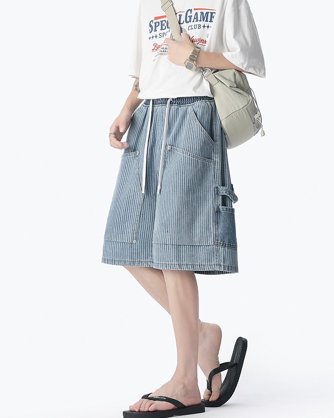 工裝條紋牛仔五分褲