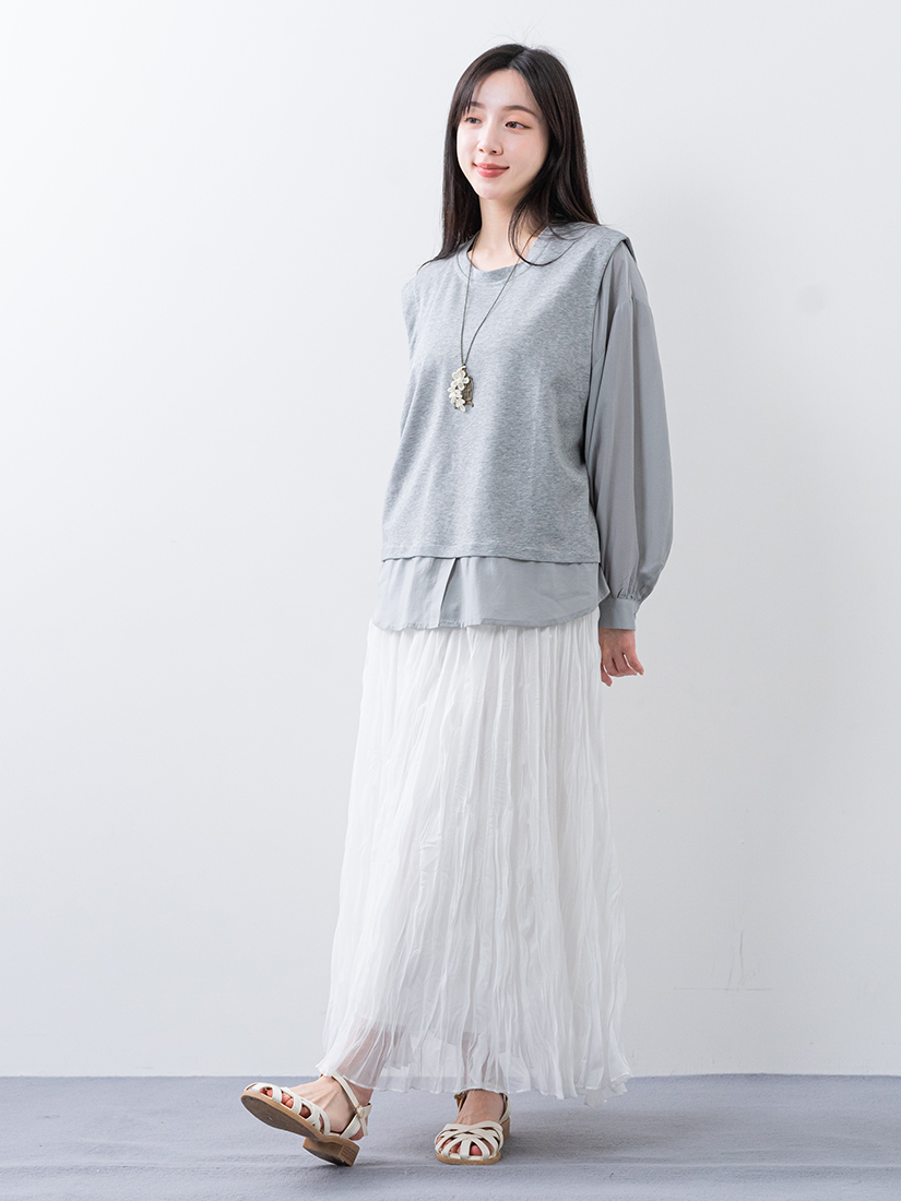 拼接仿兩件式上衣自然壓褶雙層柔紗長裙組合
