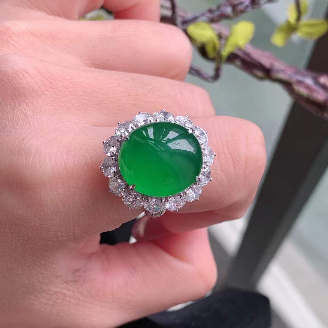 翡翠高冰滿色辣綠蛋面戒指,天然翡翠A玉, 緬甸玉, Jade, Jadeite