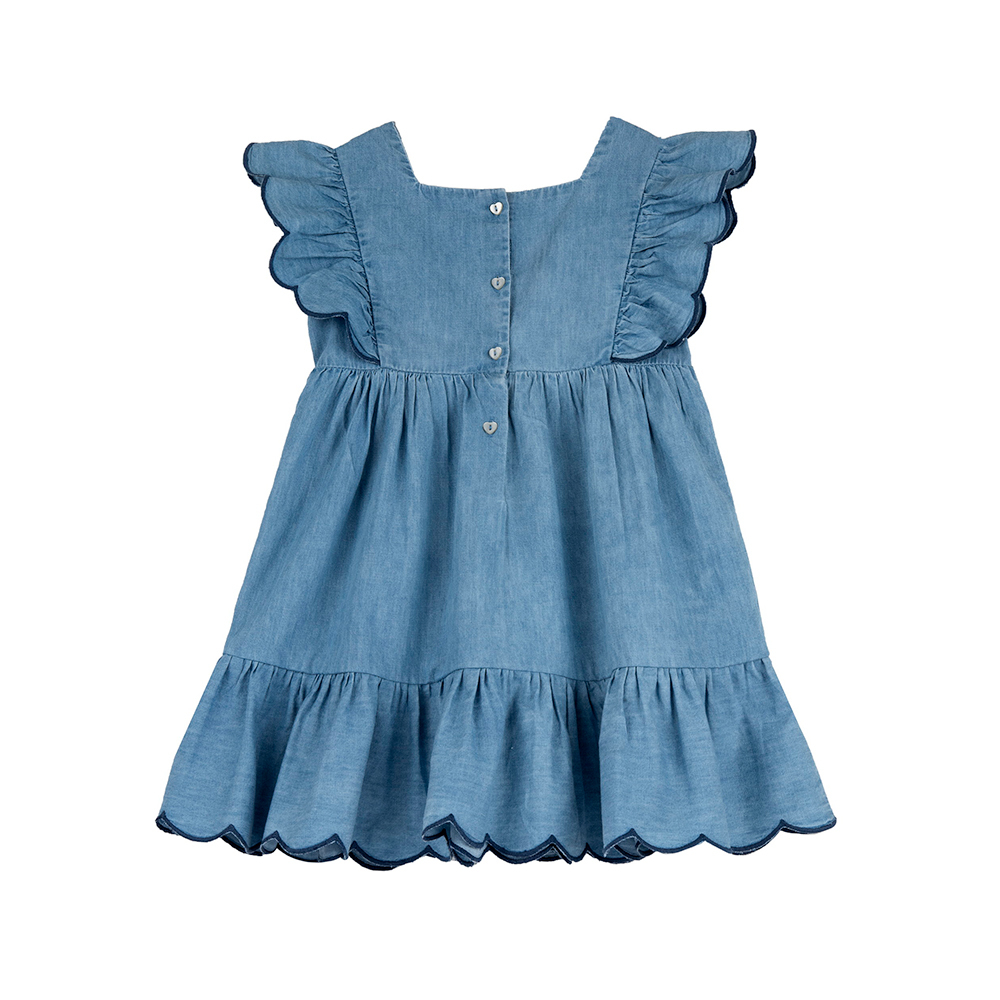 熱帶島嶼-輕薄牛仔剪接荷葉洋裝