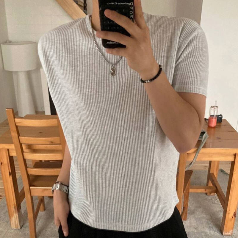 拒絕夏天簡單，韓系修身直條紋圓領短袖T-Shirt