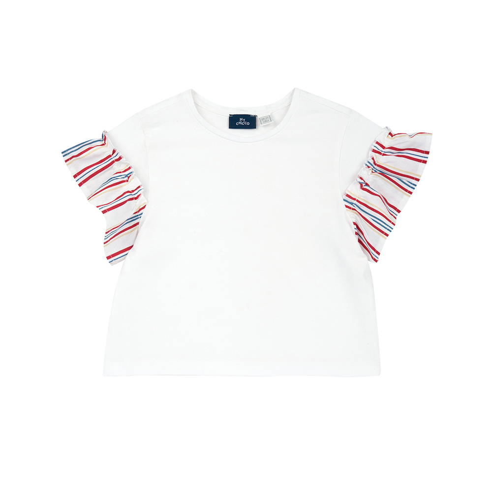 熱帶島嶼-剪接條紋荷葉短袖上衣