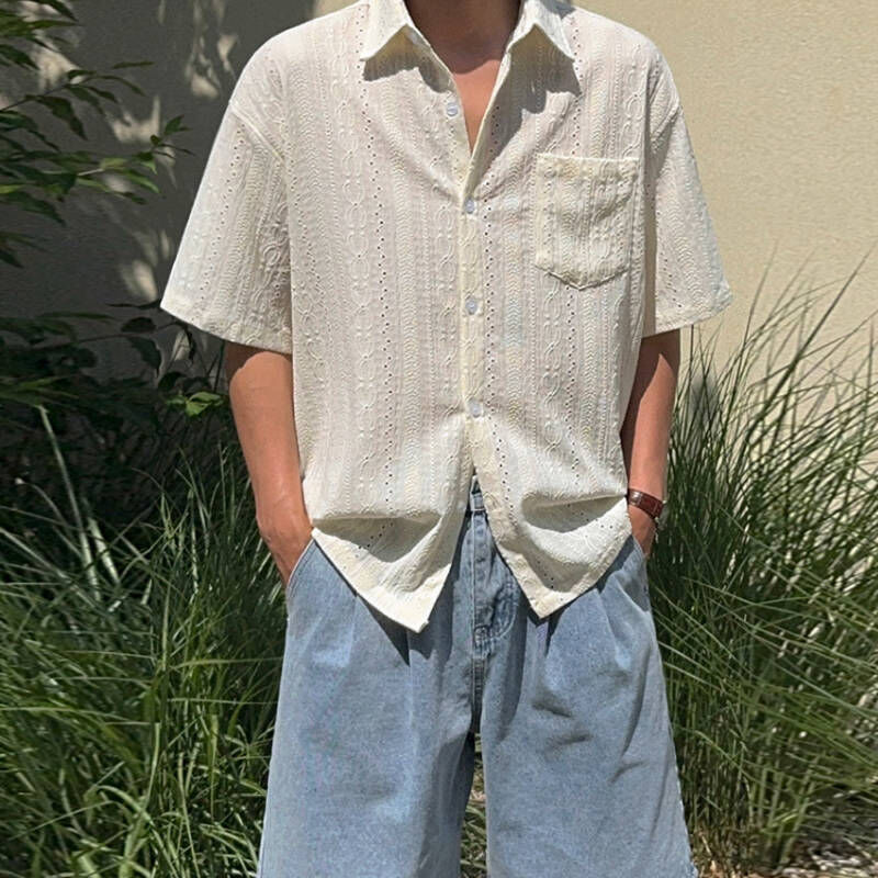 帥哥要顯眼，韓系鏤空夏季短袖襯衫