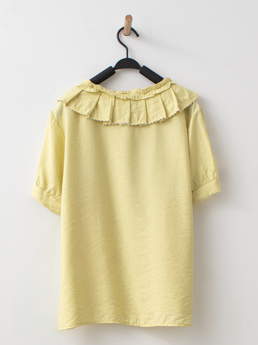 日系滾邊荷葉領綁帶光澤短袖襯衫
