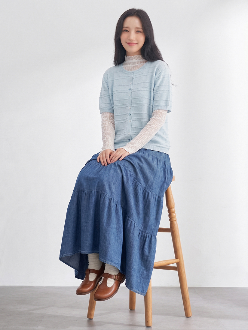 織紋棉麻針織上衣透膚小立領上衣薄棉牛仔長裙組合