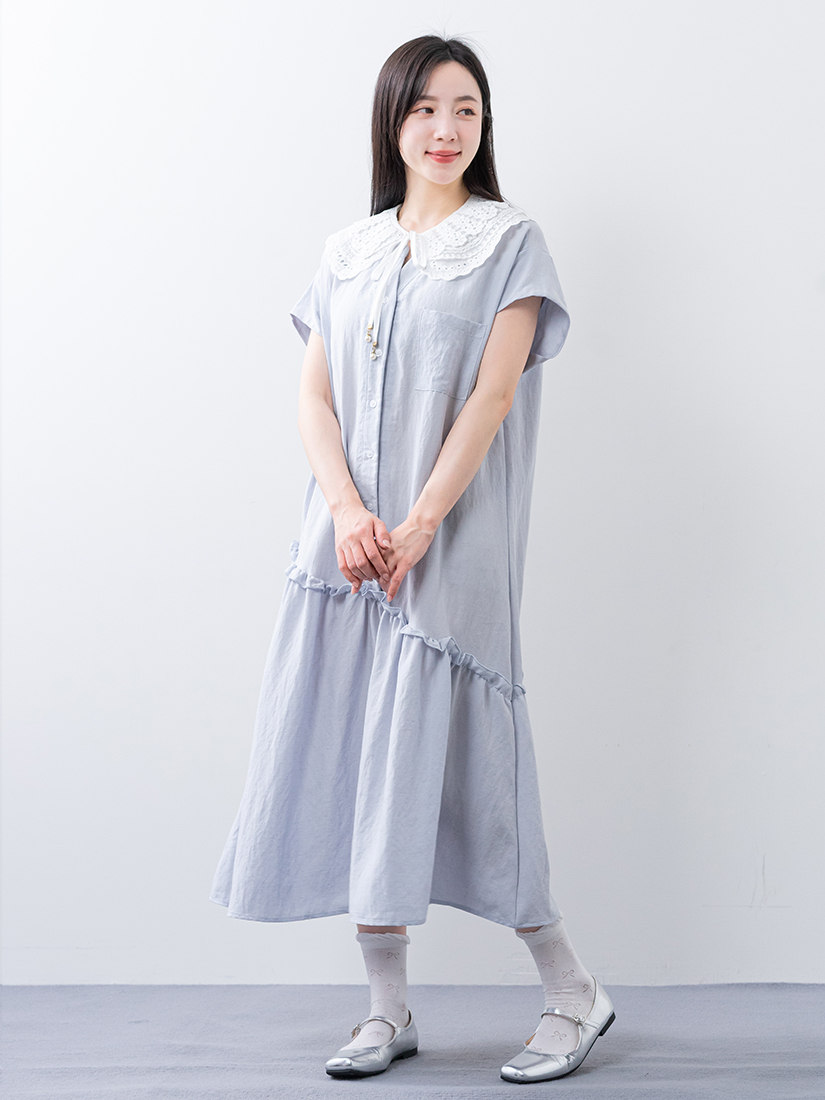 剪接棉麻V領洋裝雙層棉繡花蕾絲領片組合