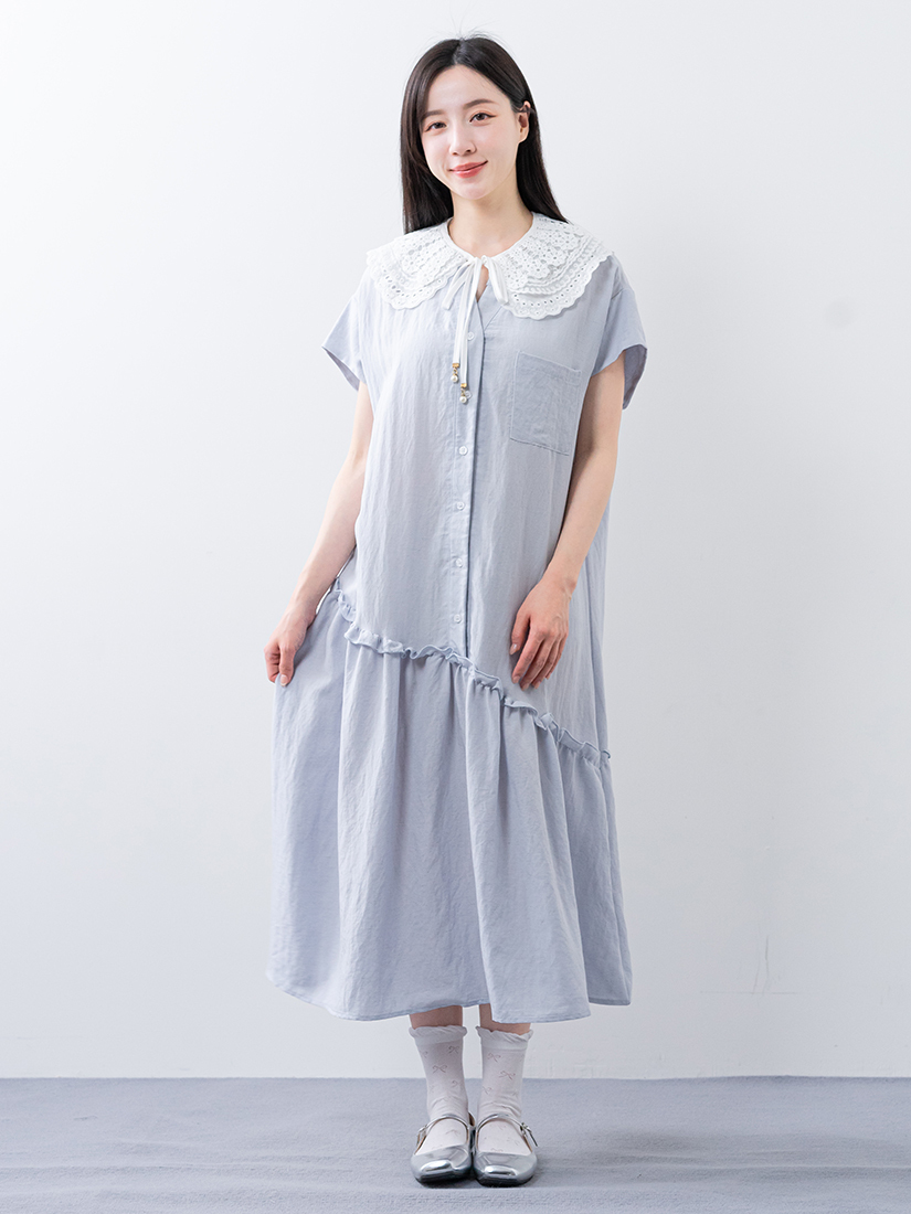 剪接棉麻V領洋裝雙層棉繡花蕾絲領片組合