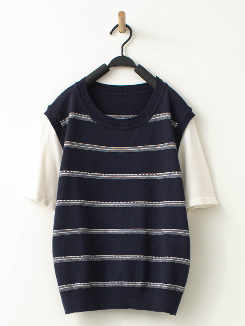 氣質棉柔針織條紋配色假兩件式上衣