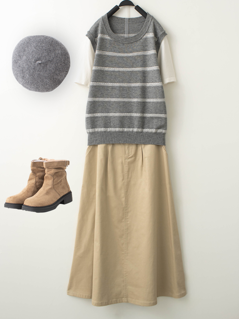 棉柔針織條紋上衣剪裁打褶A字長裙組合