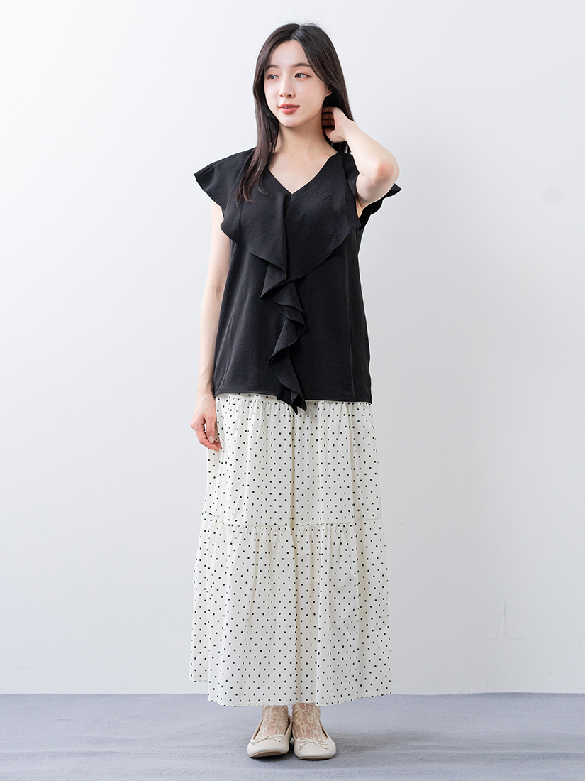 荷葉邊V領襯衫點點印花層次蛋糕棉裙組合