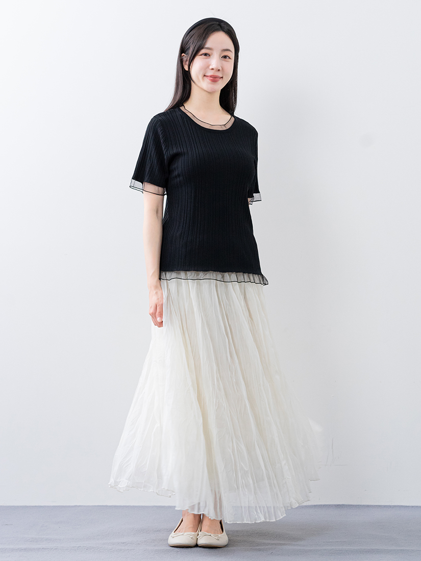 網紗羅紋涼感五分袖上衣壓褶雙層柔紗長裙組合